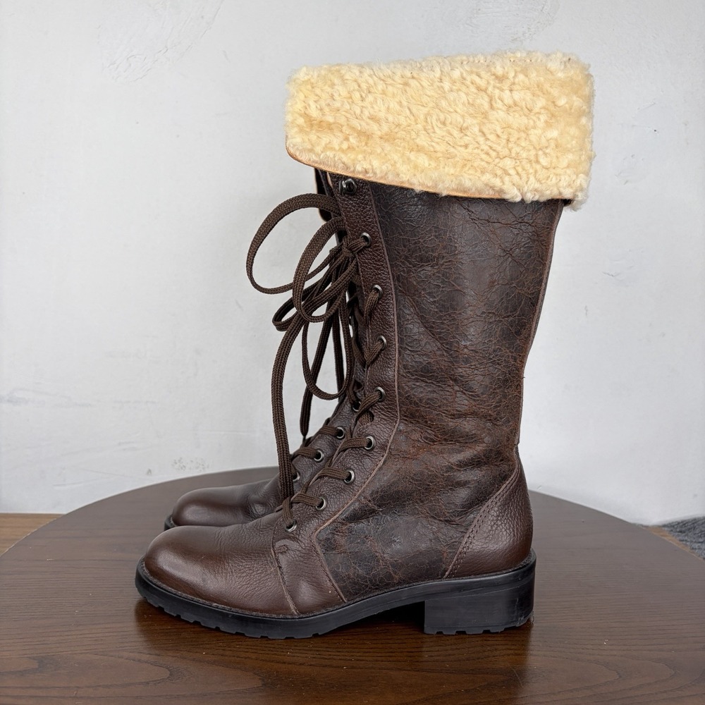 Banana Republic Boots Women 6.5 Brown Leather Mid Calf Lace Up Fleece Warm